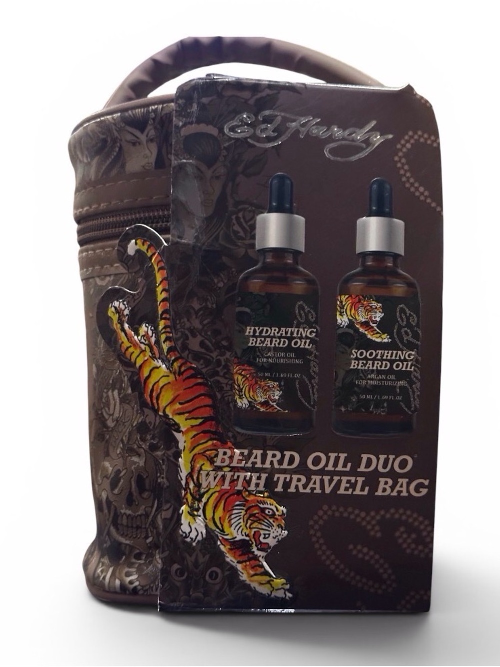 Ed Hardy Beard Oil Set with Beige Tattoo-Print Travel Pouch